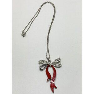 Red enamel rhinestone bow necklace